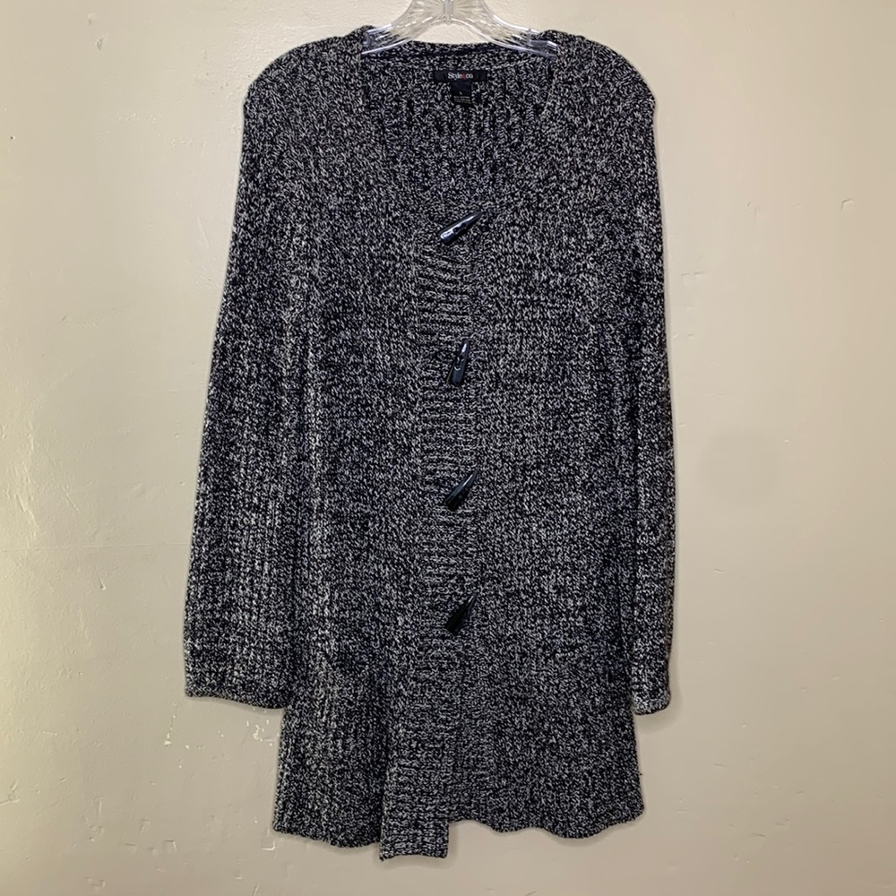 STYLE & CO Cardigan Duster Sweater Black White Marled Toggle Buttons Large